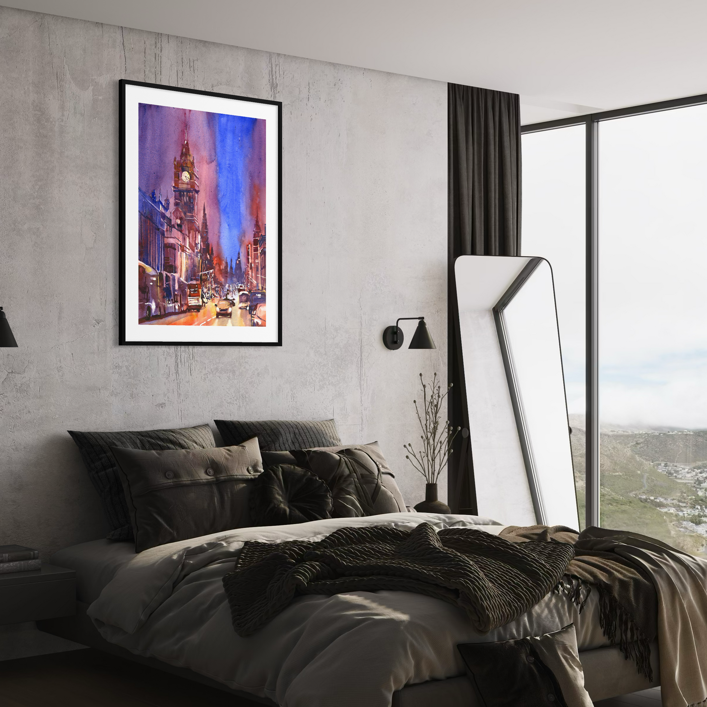 Edinburgh Scotland City Street Watercolor Poster | Matte Textured Art Print Handmade Item European Cityscape