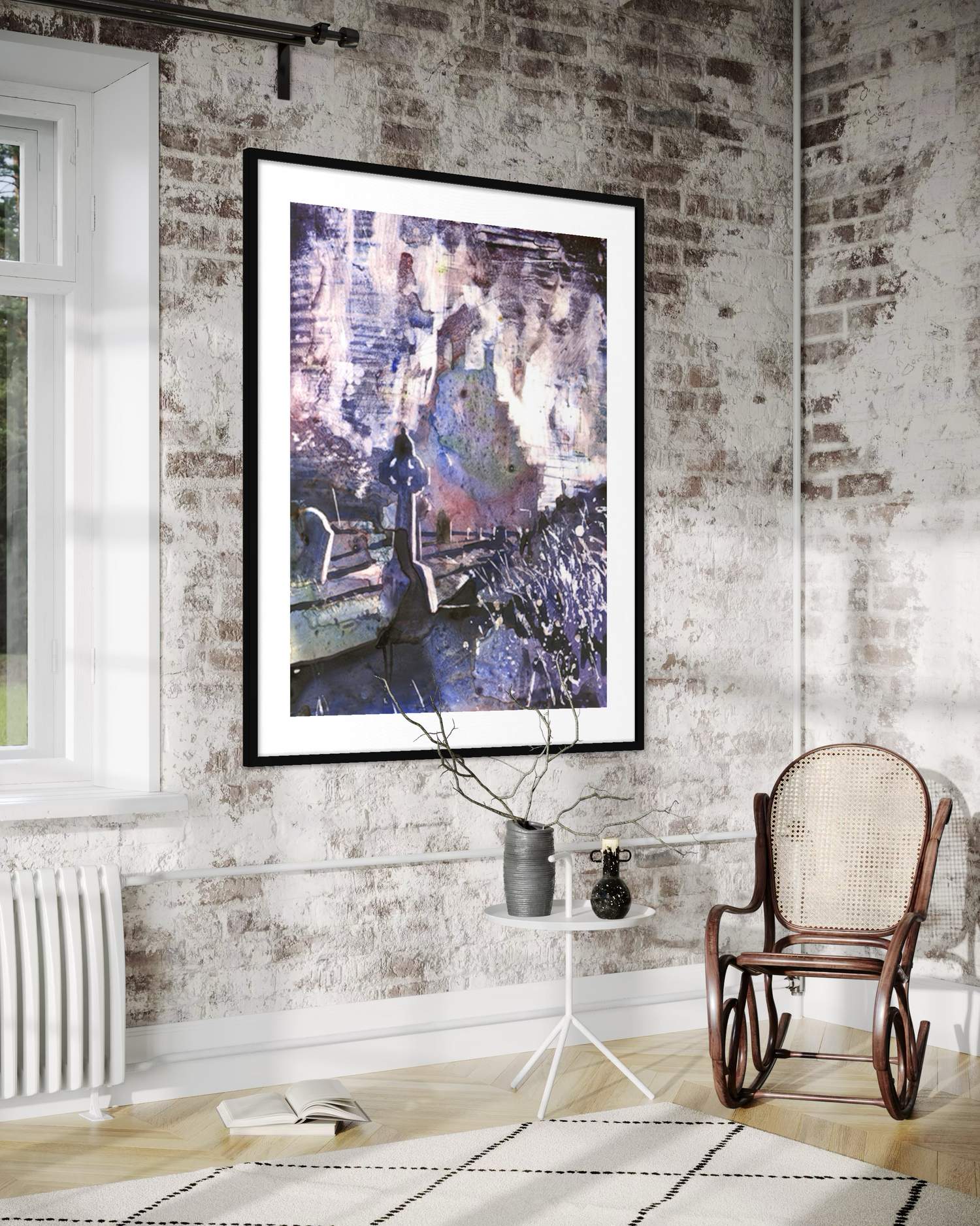 Ruined church Ireland gravestone Abbey Irish countryside artwork travel decor Europe painting (print) Poster