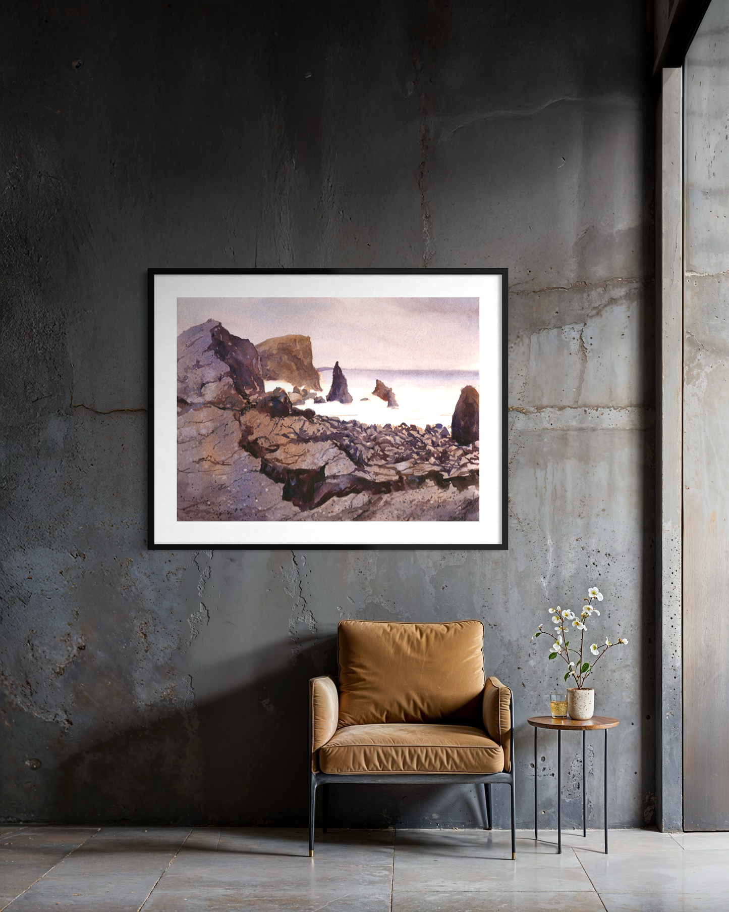 Reykjanestá Peninsula in Iceland. Watercolor painting rocky coastline Iceland purple watercolor batik artwork. Poster