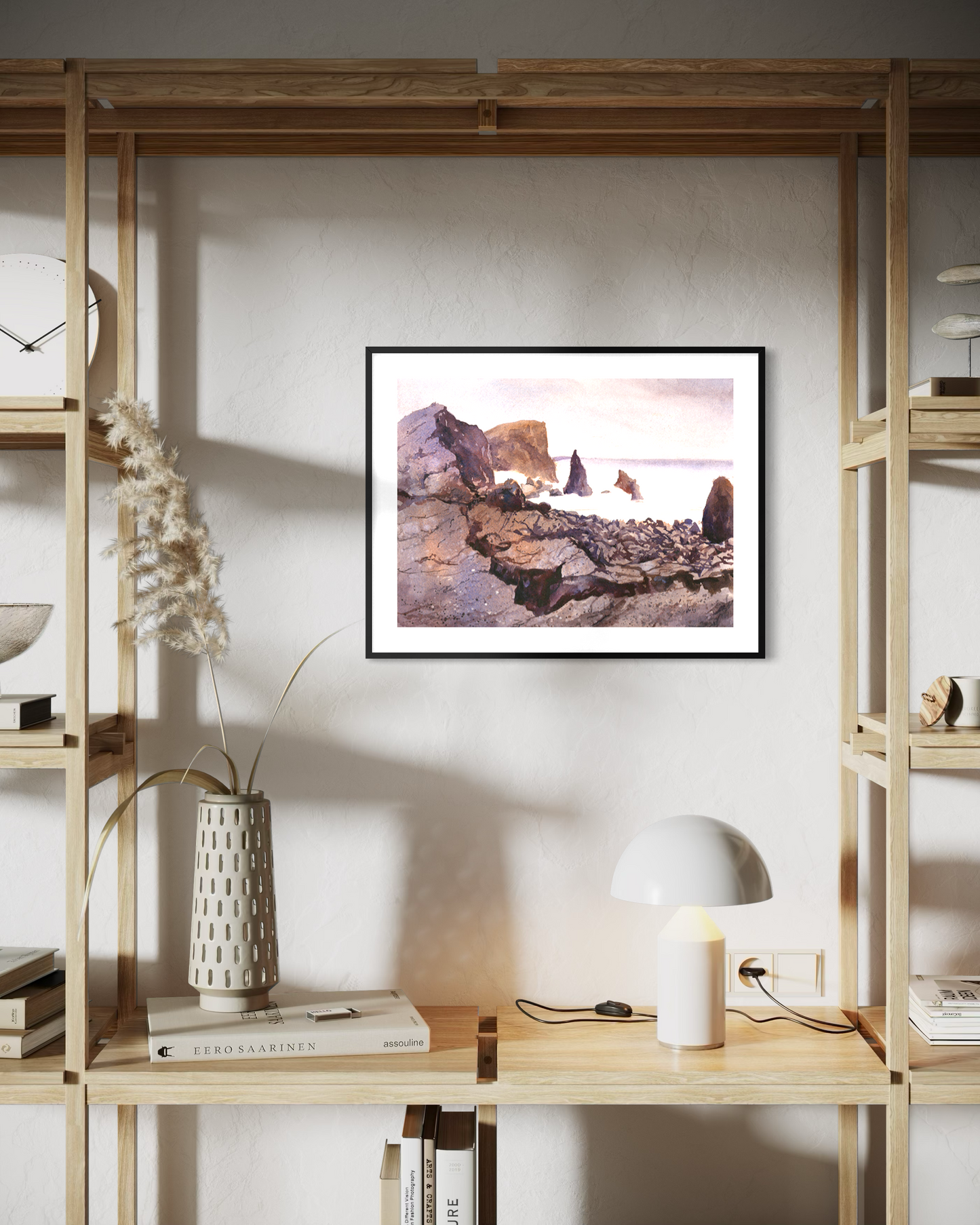 Reykjanestá Peninsula in Iceland. Watercolor painting rocky coastline Iceland purple watercolor batik artwork. Poster