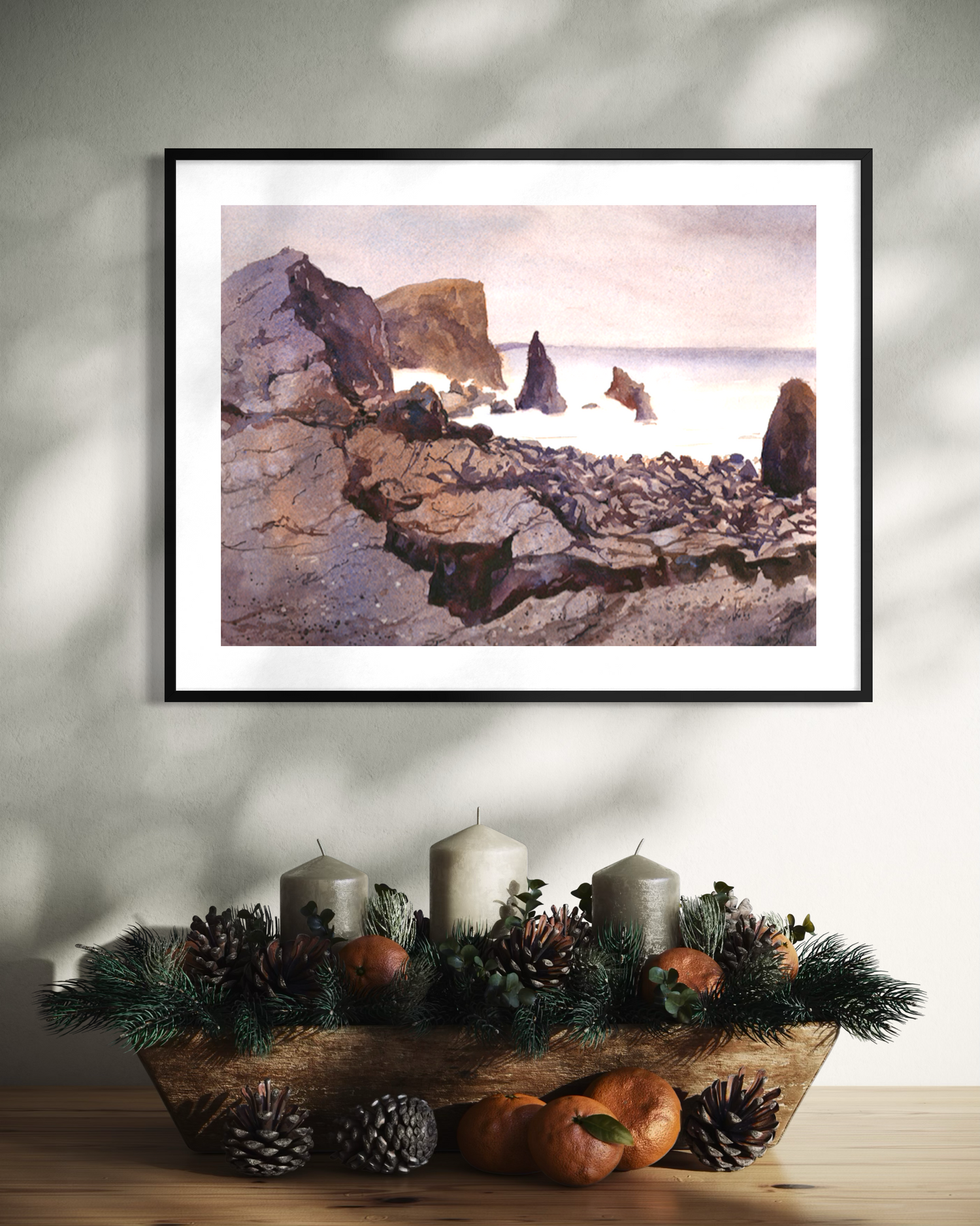 Reykjanestá Peninsula in Iceland. Watercolor painting rocky coastline Iceland purple watercolor batik artwork. Poster