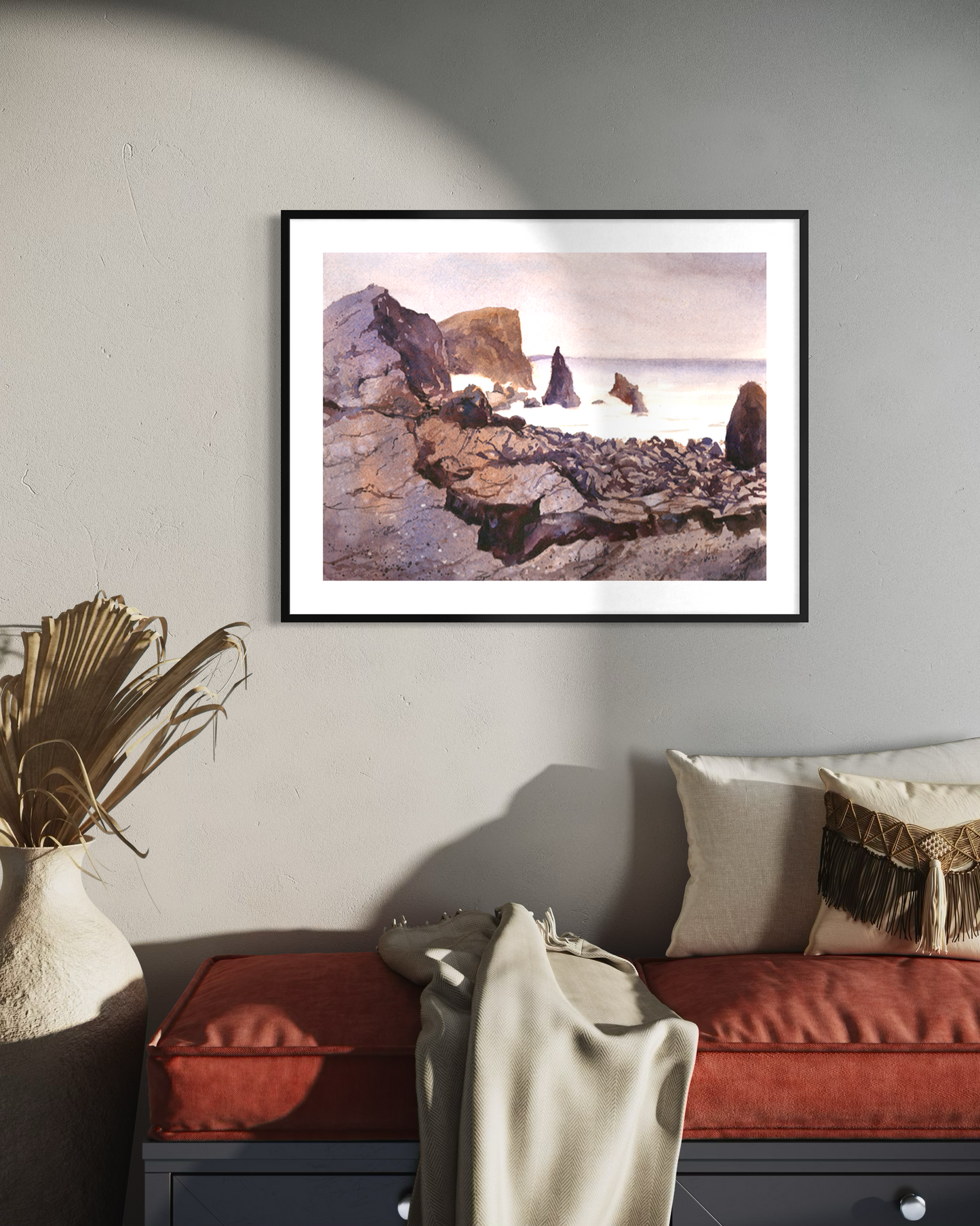 Reykjanestá Peninsula in Iceland. Watercolor painting rocky coastline Iceland purple watercolor batik artwork. Poster
