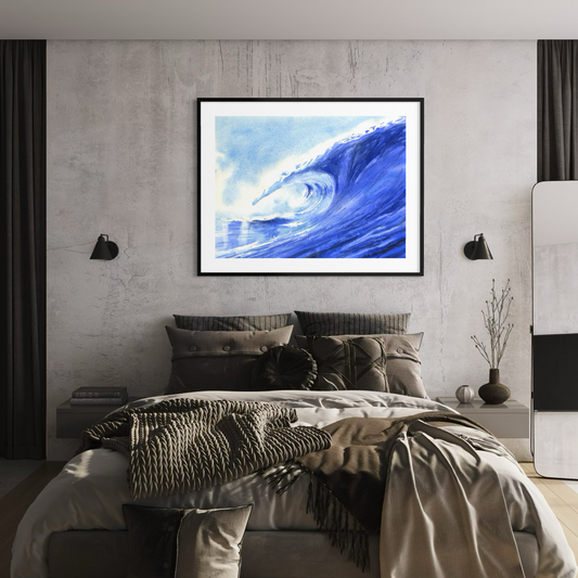 Ocean waves colorful blue watercolor landscape nautical beach house artwork handmade item surfing decor