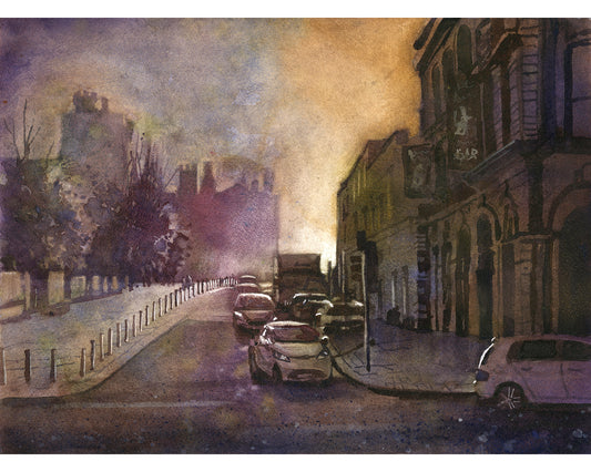 Kilkenny Castle silhouette colorful sunrise watercolor cityscape painting Ireland home decor Irish city handmade  artwork travel essentials