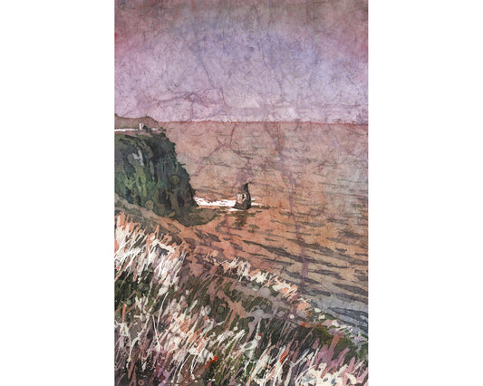 Watercolor batik painting Cliffs of Moher Ireland Irish landscape home decor travel artwork handmade item coastal art Poster