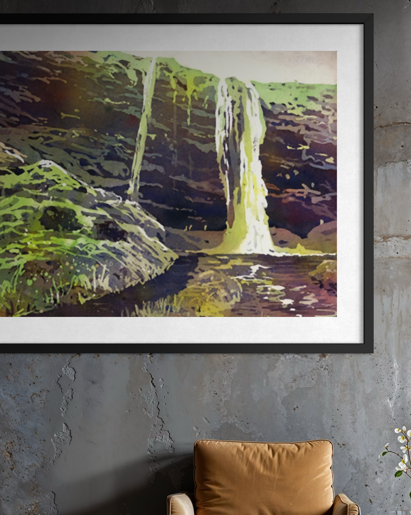 Seljalandsfoss Iceland waterfall watercolor landscape painting (print) Poster