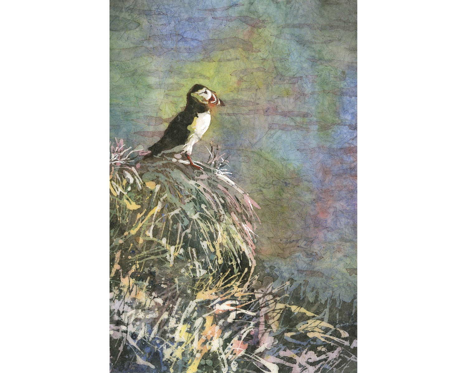 Puffin Iceland Watercolor Batik Art Poster — Textured Matte Bird Print Poster