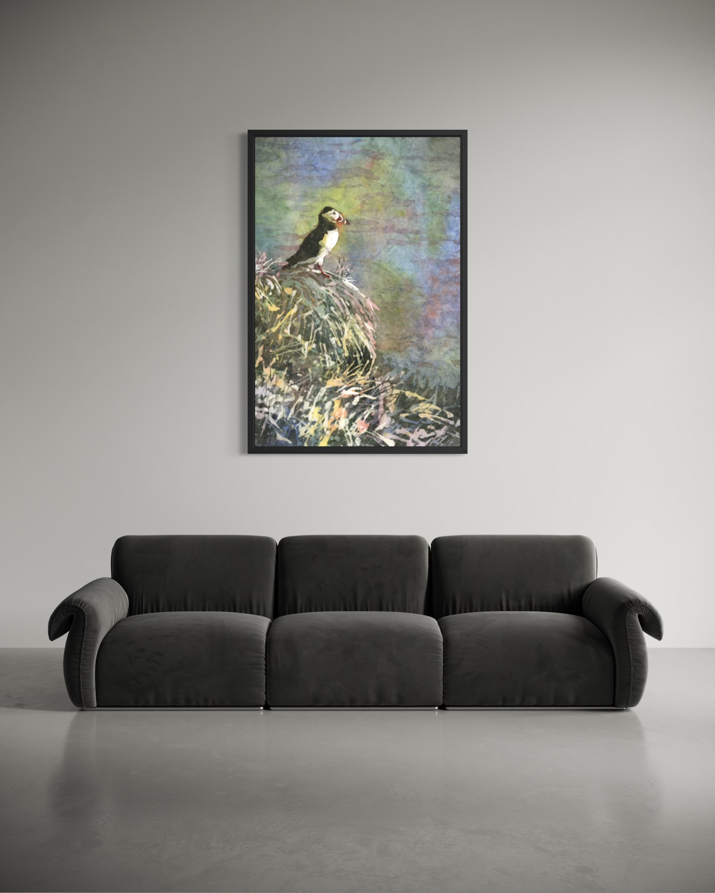 Puffin Iceland Watercolor Batik Art Poster — Textured Matte Bird Print Poster