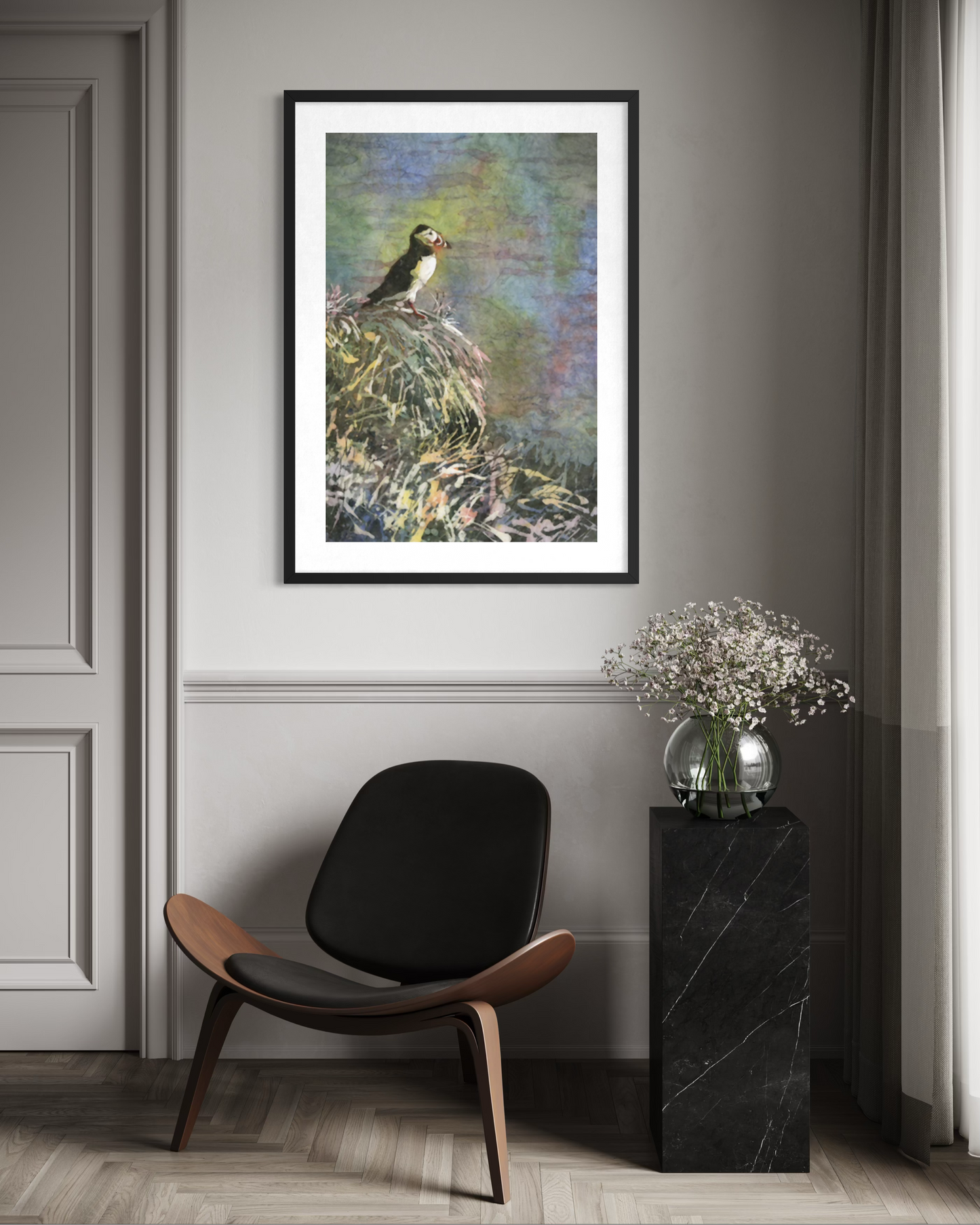 Puffin Iceland Watercolor Batik Art Poster — Textured Matte Bird Print Poster