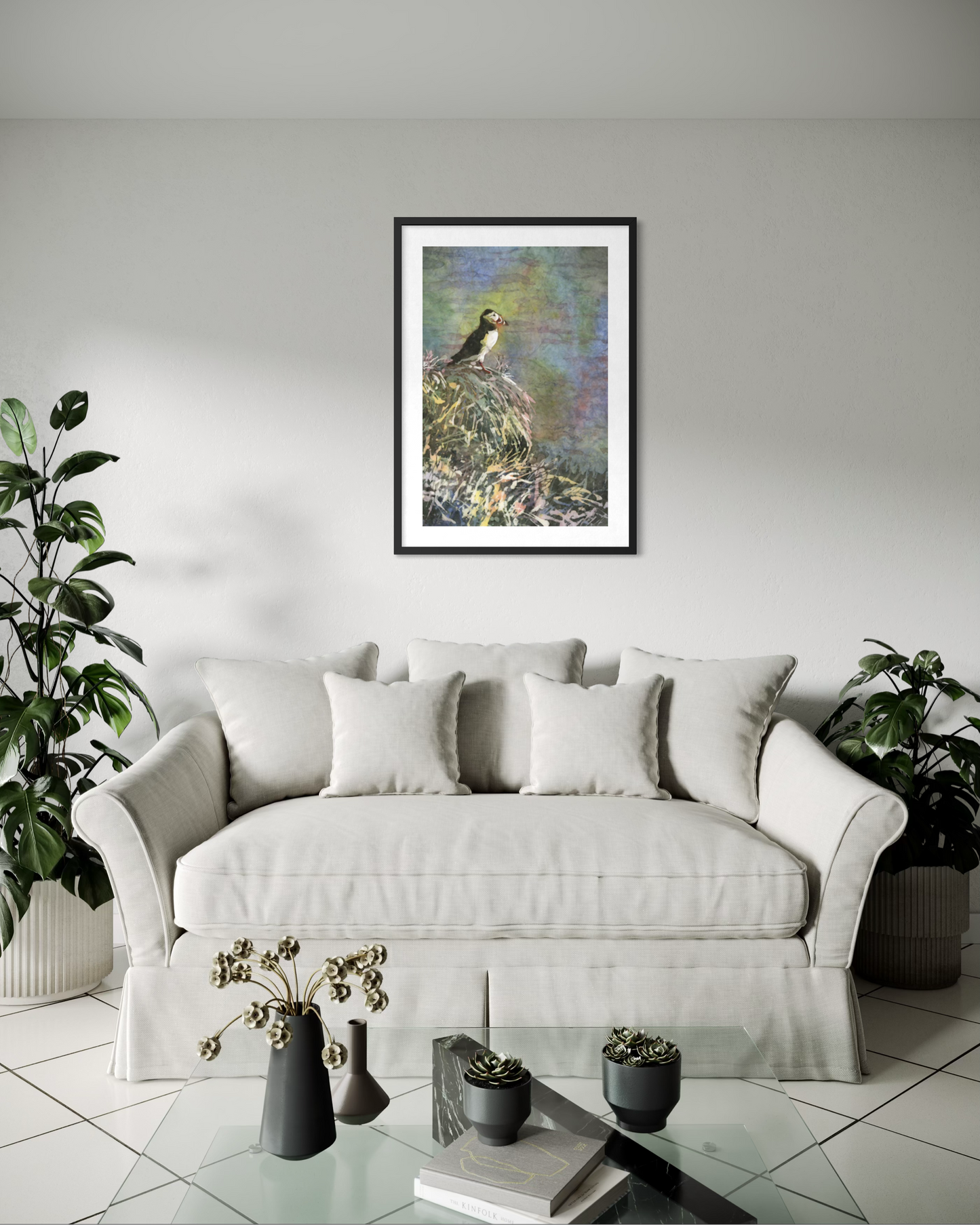 Puffin Iceland Watercolor Batik Art Poster — Textured Matte Bird Print Poster