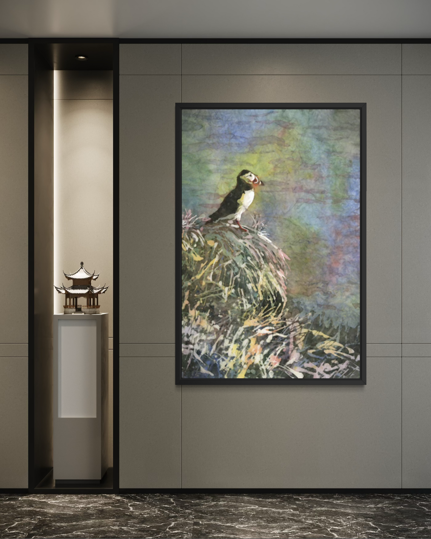 Puffin Iceland Watercolor Batik Art Poster — Textured Matte Bird Print Poster