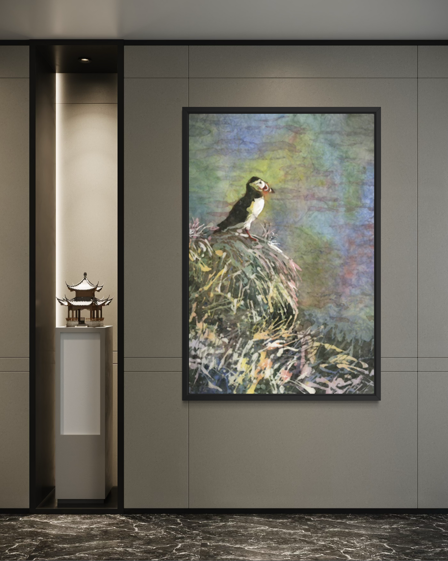 Puffin Iceland Watercolor Batik Art Poster — Textured Matte Bird Print Poster