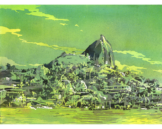 Watercolor Landscape Poster — Green Mountain Seaside Matte Art Print Poster