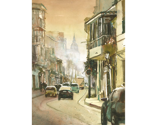 Original watercolor painting by Ryan Fox showing a Cartagena Colombia Old Town street with balconies traffic and a Spanish cathedral in the distance