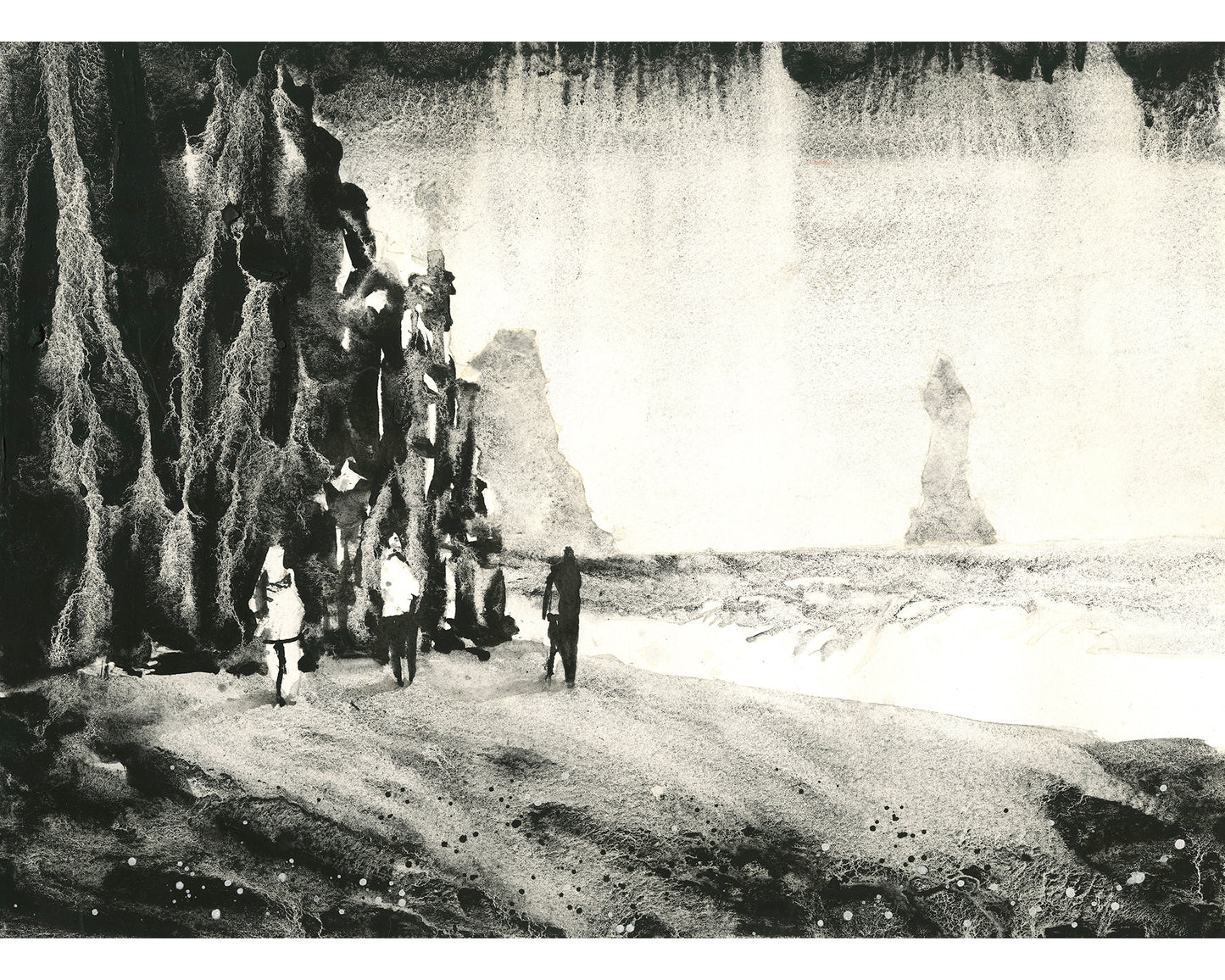 Black Sand Beach Vik Iceland BW watercolor landscape painting