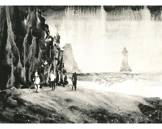 Black Sand Beach Vik Iceland BW watercolor landscape painting