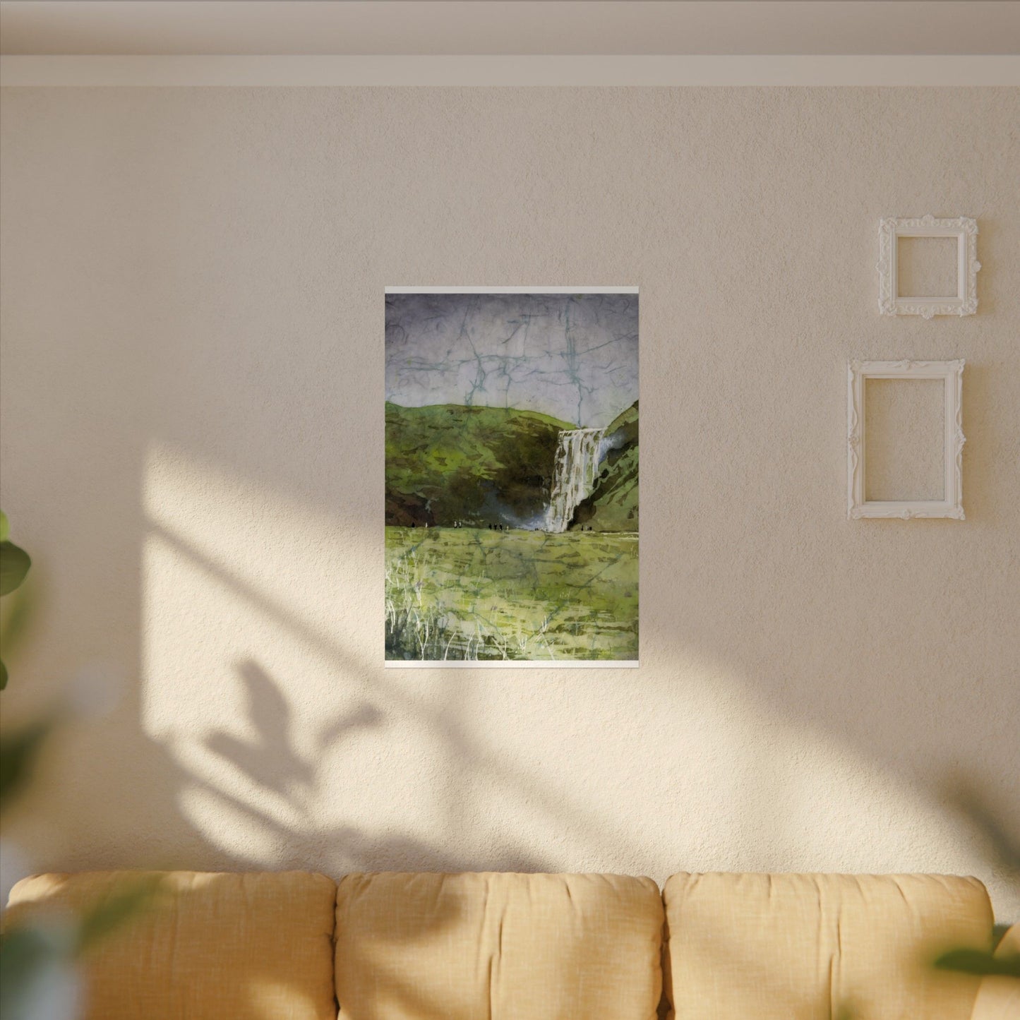 Skogafoss waterfall colorful watercolor batik Iceland landscape travel essentials art for house handmade item interior design