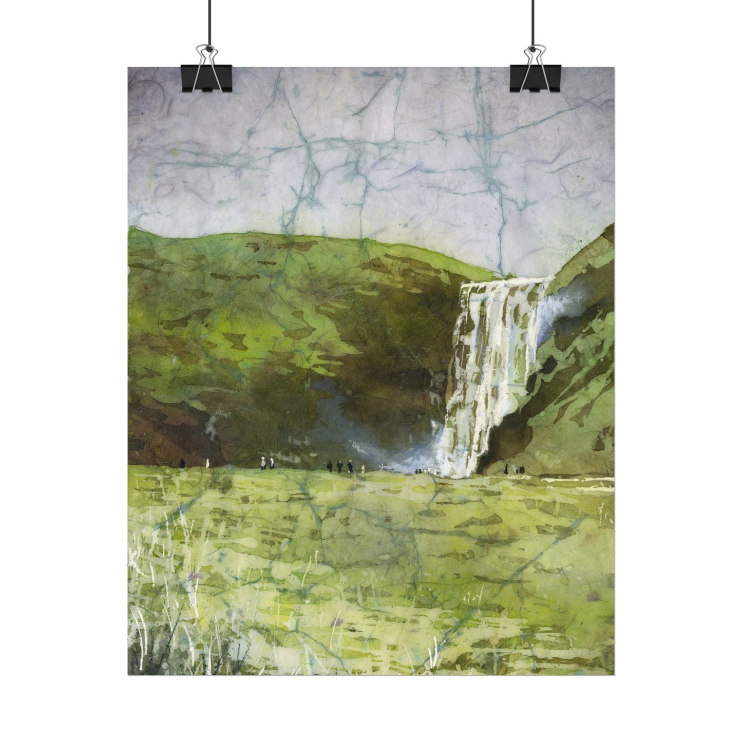Skogafoss waterfall colorful watercolor batik Iceland landscape travel essentials art for house handmade item interior design Poster