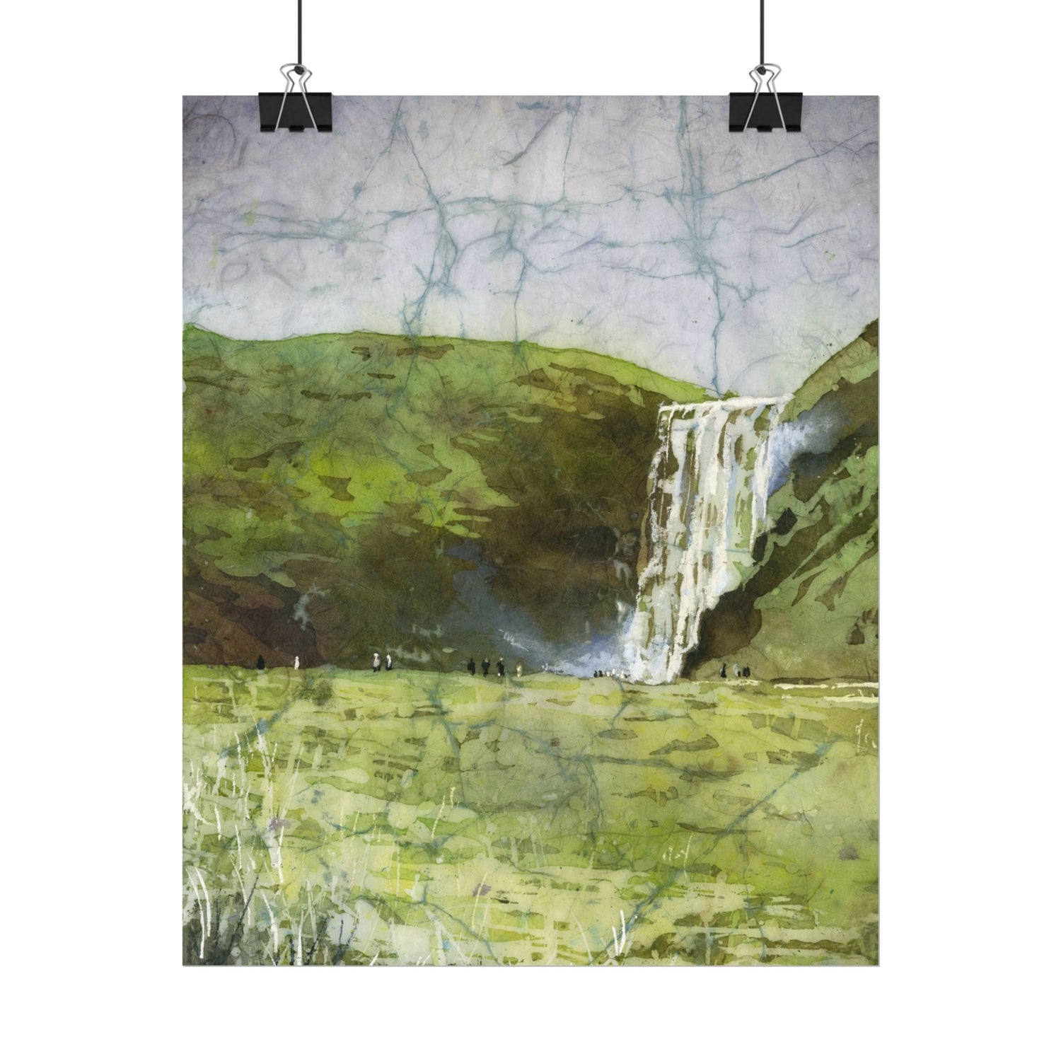 Skogafoss waterfall colorful watercolor batik Iceland landscape travel essentials art for house handmade item interior design Poster