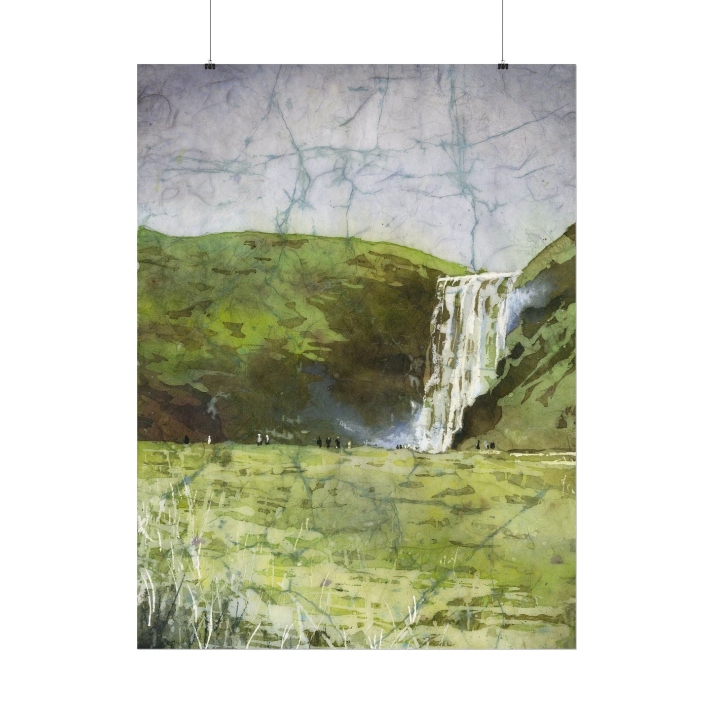 Skogafoss waterfall colorful watercolor batik Iceland landscape travel essentials art for house handmade item interior design