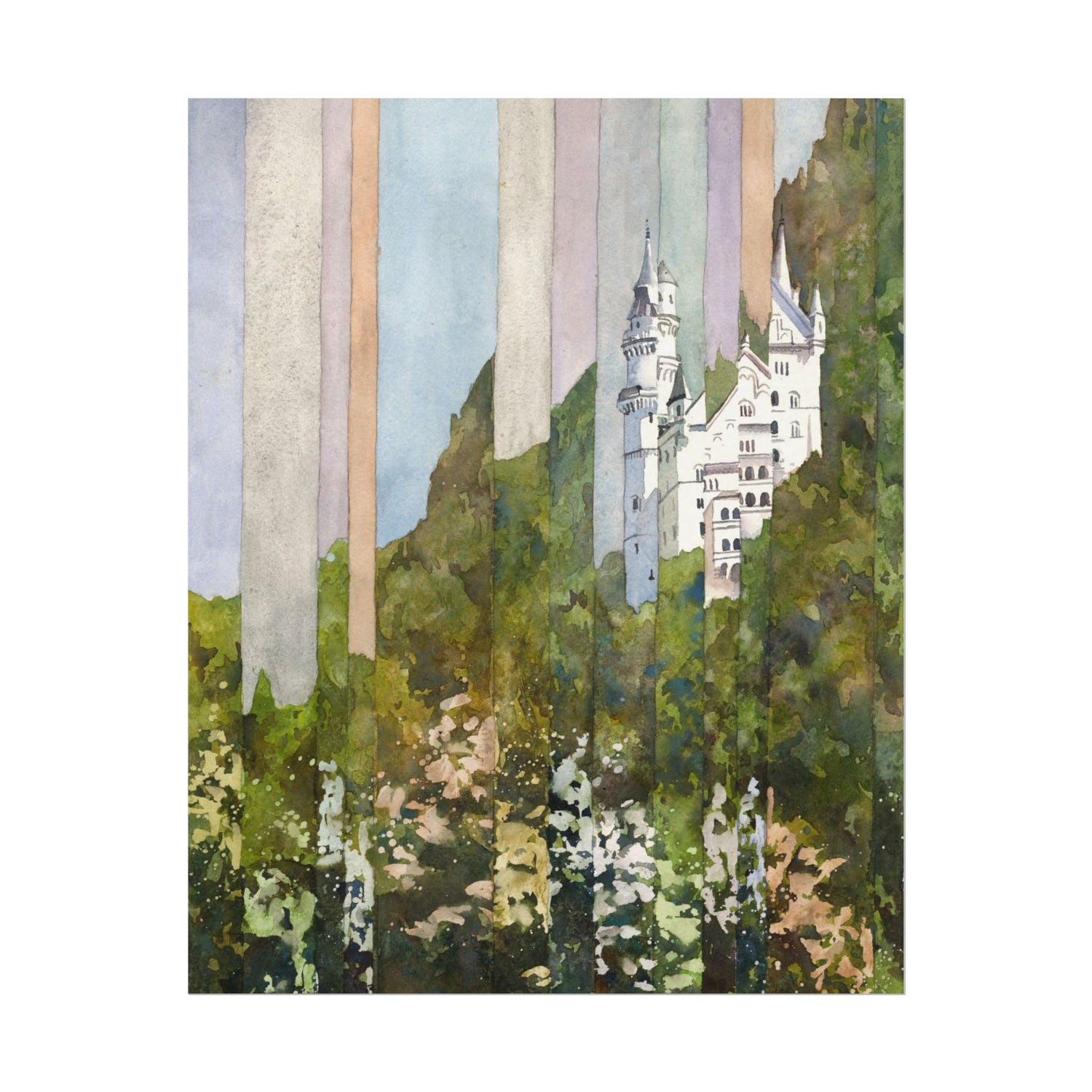 Neuschwanstein Castle Bavaria Germany experimental watercolor landscape art for house colorful German decor artwork for travelers Poster