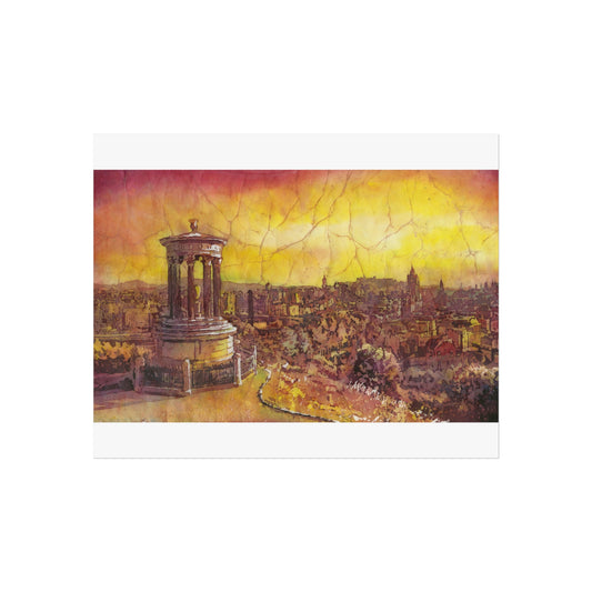 Watercolor batik painting of Edinburgh skyline at sunset from Calton Hill with Dugald Stewart Monument and glowing golden sky over Old Town