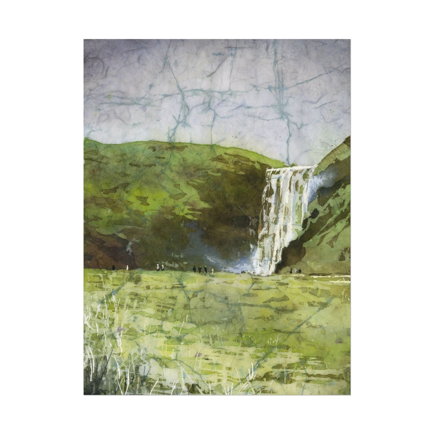 Skogafoss waterfall colorful watercolor batik Iceland landscape travel essentials art for house handmade item interior design Poster