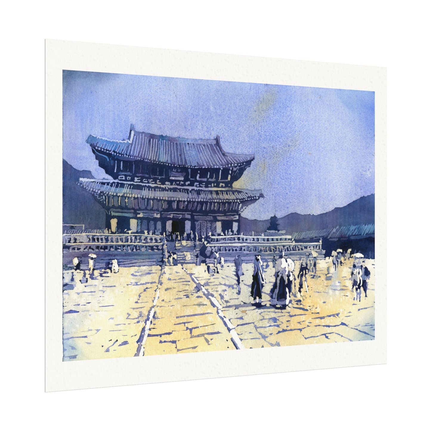 Travel inspired watercolor painting of Gyeongbokgung Palace in Seoul featuring traditional Korean palace buildings Poster