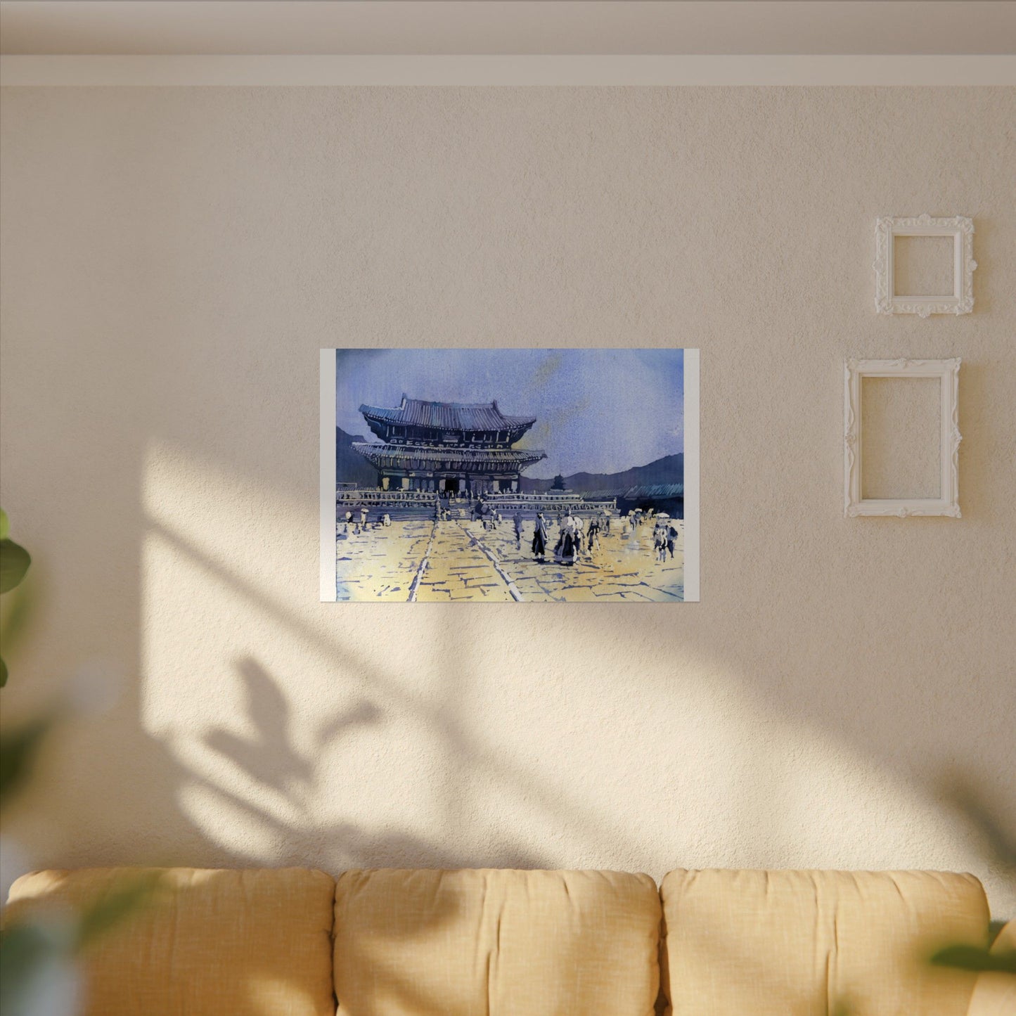 Travel inspired watercolor painting of Gyeongbokgung Palace in Seoul featuring traditional Korean palace buildings