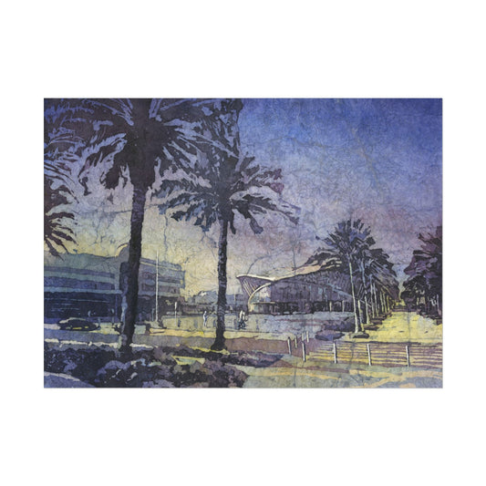 Embry-Riddle Aeronautical University Student Union watercolor batik artwork—cool twilight sky, palm-lined walkway, Japanese rice paper texture