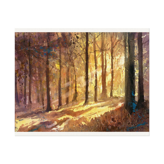Forest sunset suns rays in colorful landscape watercolor painting art for house interior design handmade item (print) Poster