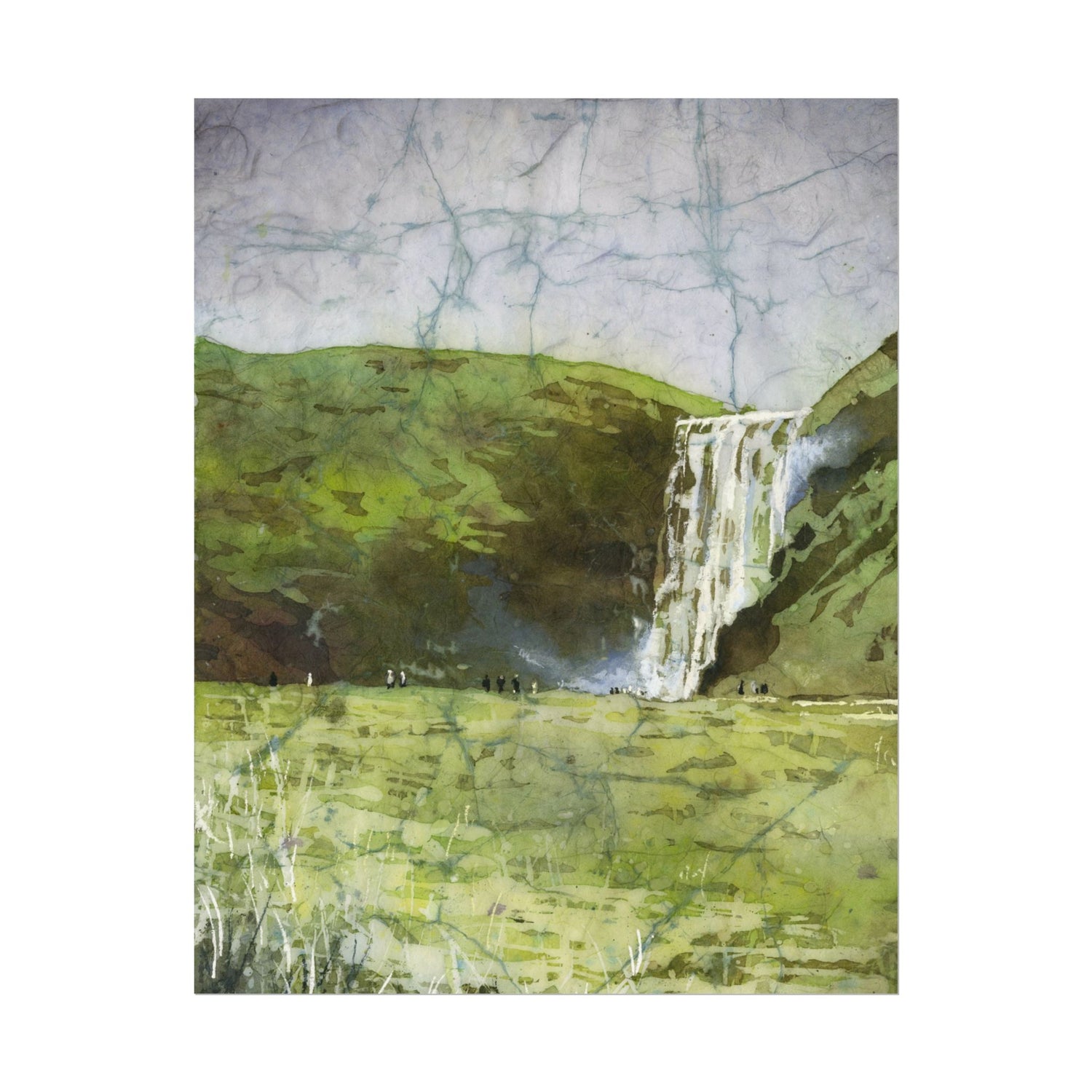 Skogafoss waterfall colorful watercolor batik Iceland landscape travel essentials art for house handmade item interior design Poster