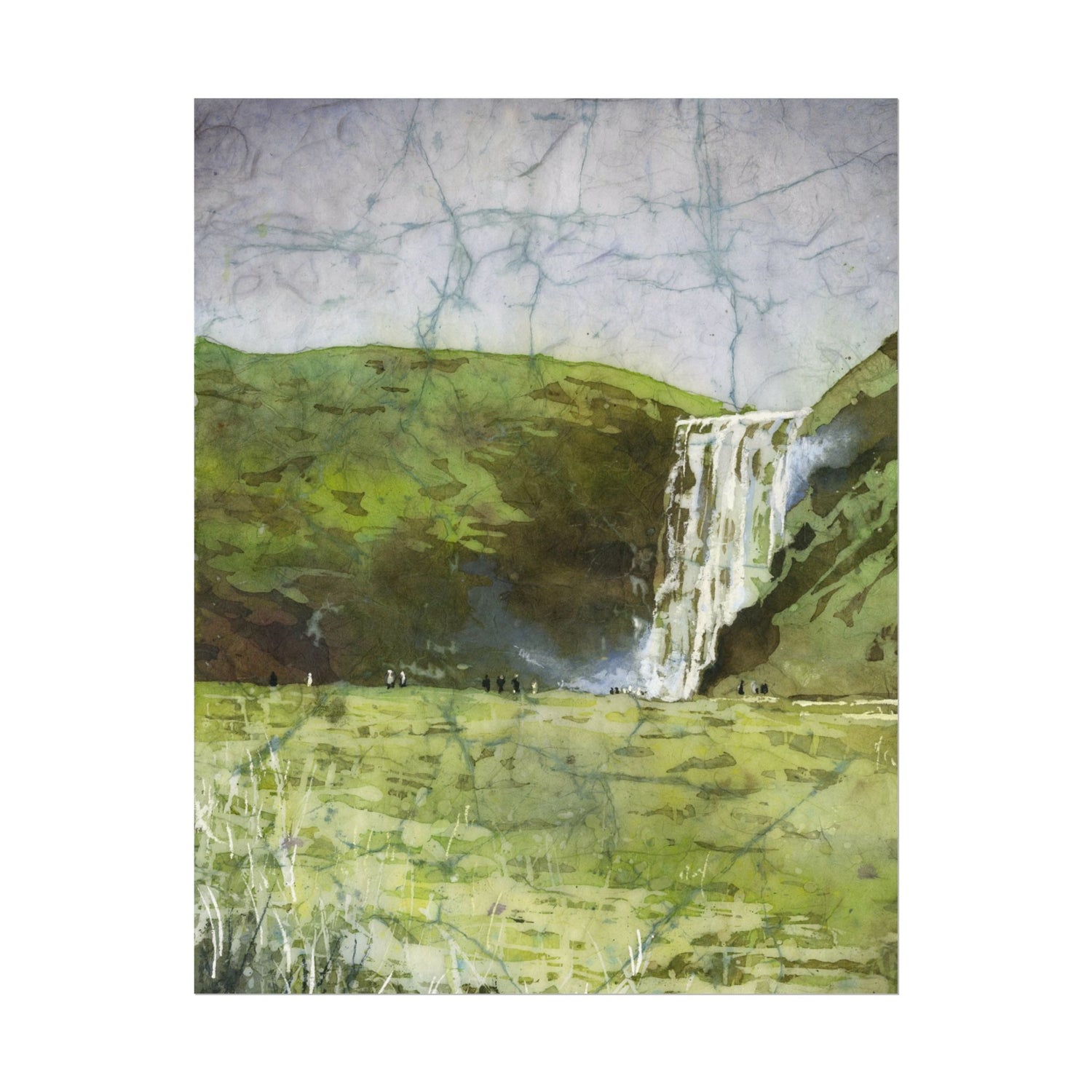 Skogafoss waterfall colorful watercolor batik Iceland landscape travel essentials art for house handmade item interior design Poster