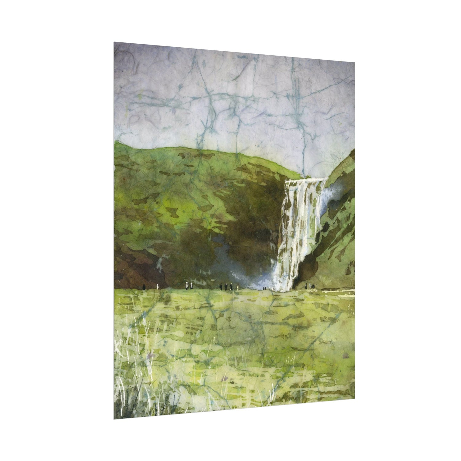 Skogafoss waterfall colorful watercolor batik Iceland landscape travel essentials art for house handmade item interior design Poster