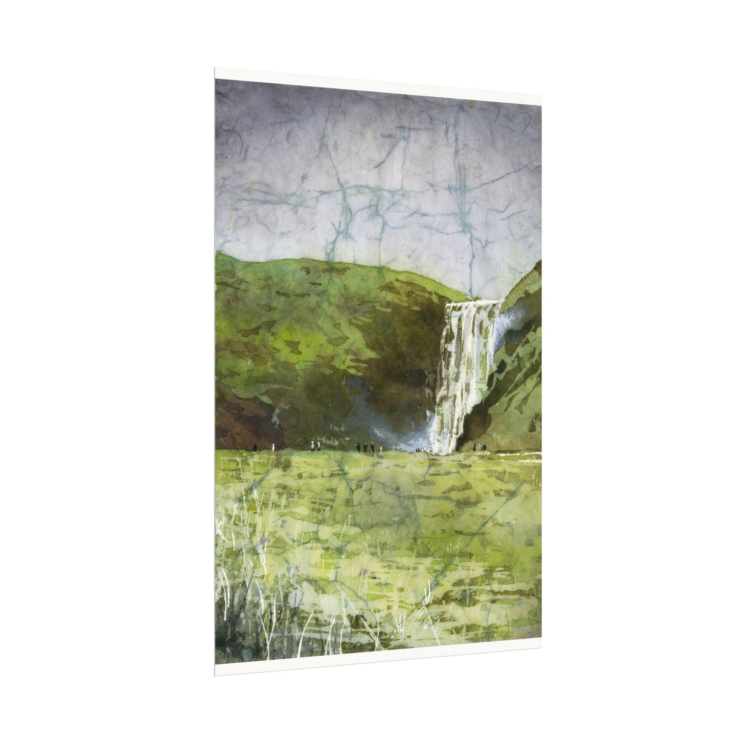 Skogafoss waterfall colorful watercolor batik Iceland landscape travel essentials art for house handmade item interior design