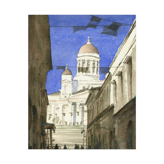 Helsinki Cathedral watercolor painting viewed from old town street Finland