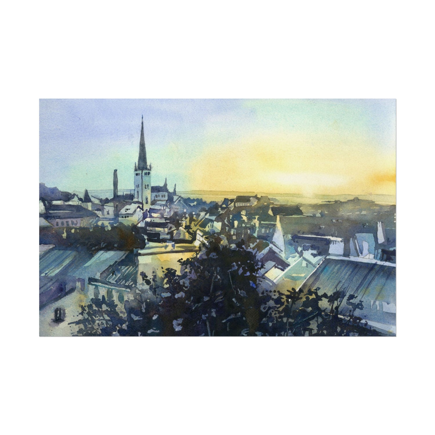 Tallinn Estonia City Hall watercolor cityscape painting, colorful wall art travel essentials handmade item unique travel gift gicee (print) Poster