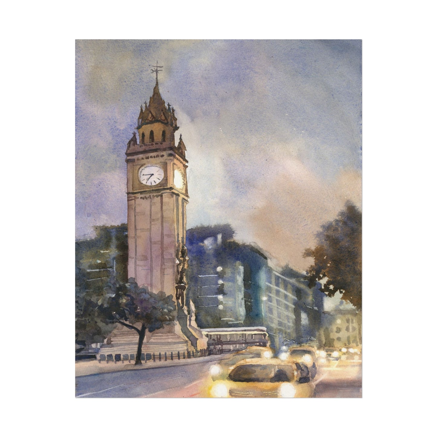 Belfast Ireland landmark Albert Memorial Clock at Queen's Square Ireland colorful watercolor cityscape Europe wall decor art for house Northern Ireland artwork (original)