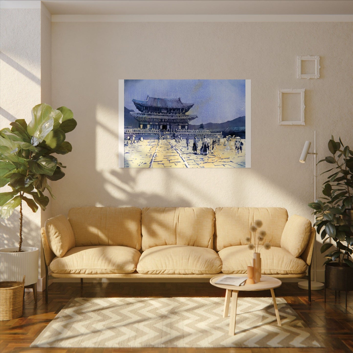 Travel inspired watercolor painting of Gyeongbokgung Palace in Seoul featuring traditional Korean palace buildings