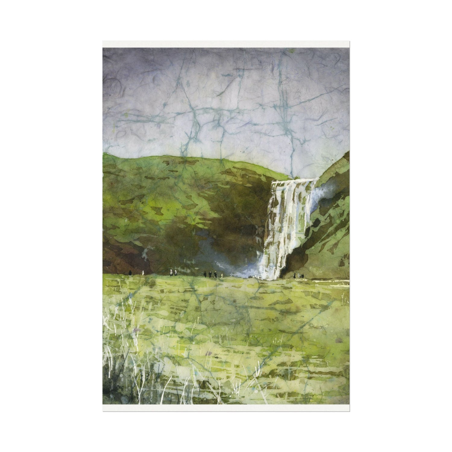 Skogafoss waterfall colorful watercolor batik Iceland landscape travel essentials art for house handmade item interior design Poster
