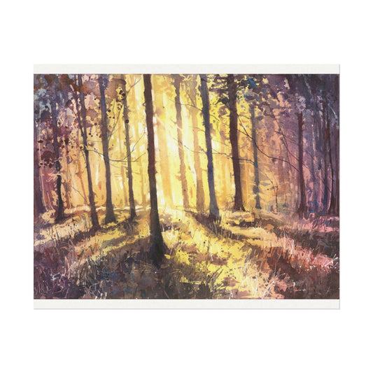 Colorful forest at sunset watercolor landscape painting suns rays sunset artwork art for house handmade item trees decor Poster