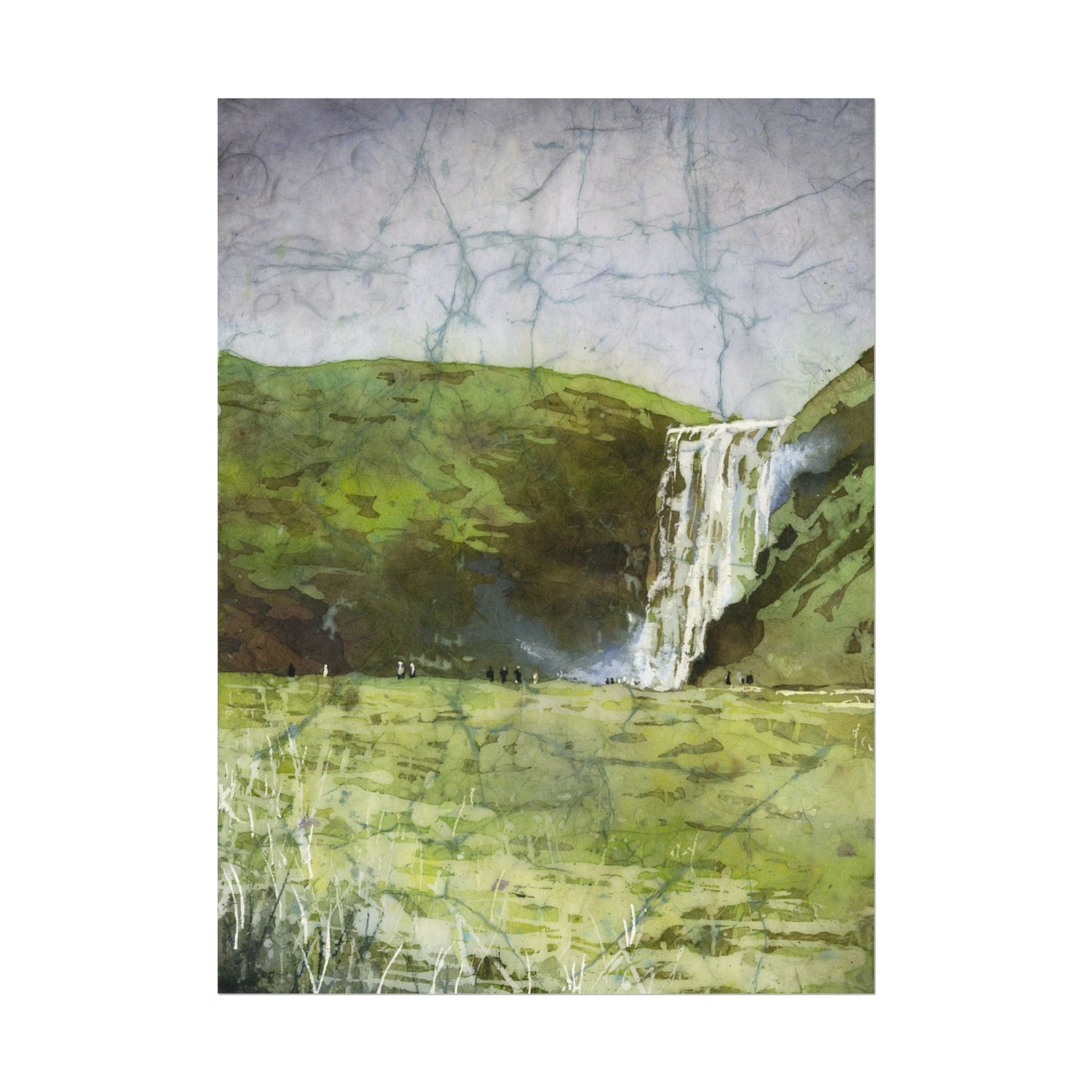 Skogafoss waterfall colorful watercolor batik Iceland landscape travel essentials art for house handmade item interior design Poster
