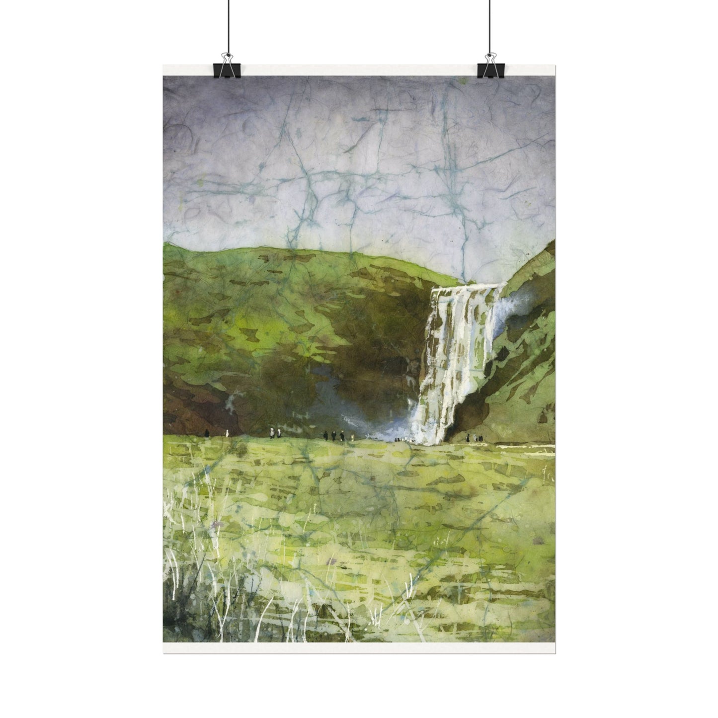 Skogafoss waterfall colorful watercolor batik Iceland landscape travel essentials art for house handmade item interior design Poster