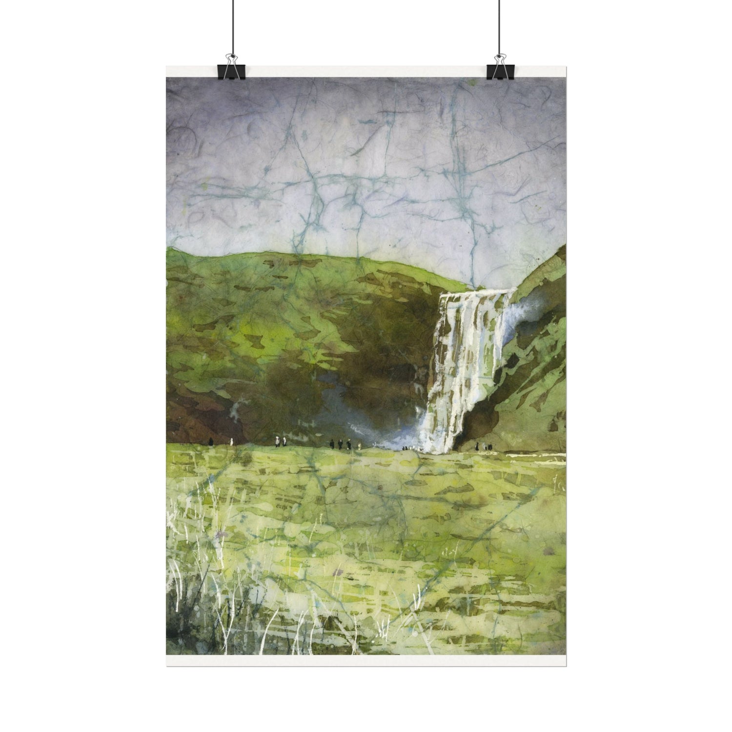 Skogafoss waterfall colorful watercolor batik Iceland landscape travel essentials art for house handmade item interior design Poster