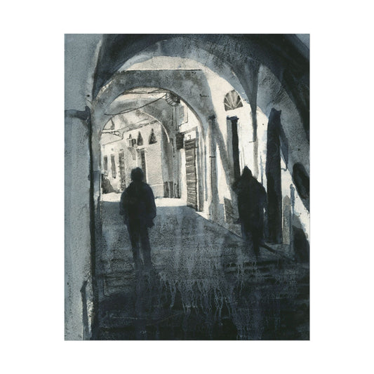 Tunis Medina Alleyway Textured Watercolor Matte Poster | Tunisian Architecture B&W Travel Decor