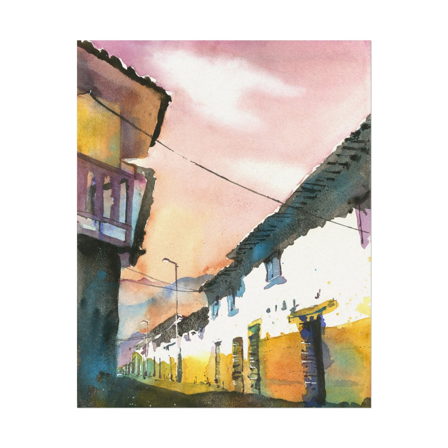 Peru Sacred Valley Cityscape Textured Watercolor Matte Poster Machu Picchu South America Travel