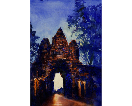 Khmer temple ruins of Angkor Wat silhouetted at dusk in a colorful watercolor landscape—perfect SE Asian home decor or office artwork.