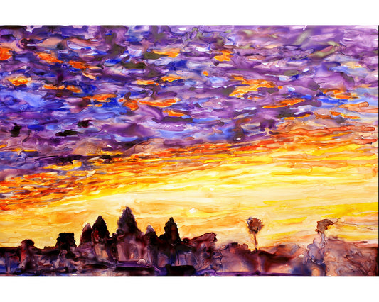 Colorful Angkor art watercolor of the world-famous Khmer temple at Angkor Wat with brilliant sunrise backdrop—great for collectors and global art lovers.