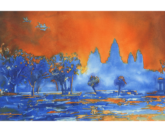 Original watercolor painting of Angkor Wat, Cambodia.   Painting Angkor Wat art Watercolor wall art fine art print Angkor blue orange art