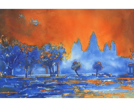 Vivid watercolor of Angkor Wat temple at sunrise in Siem Reap, Cambodia, showcasing fine art brushwork and cultural elegance—great for interior design.